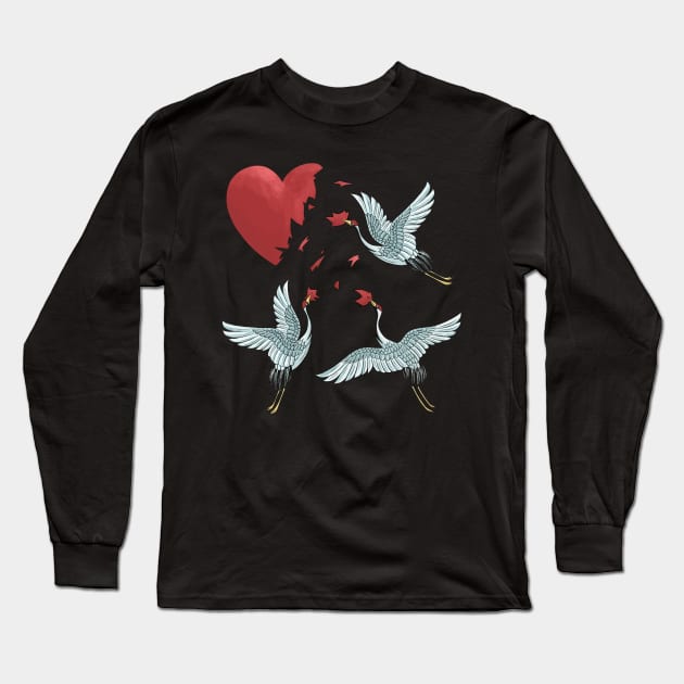 Crane birds with a broken heart best gift for a lonley and single valentine's day Long Sleeve T-Shirt by AbirAbd